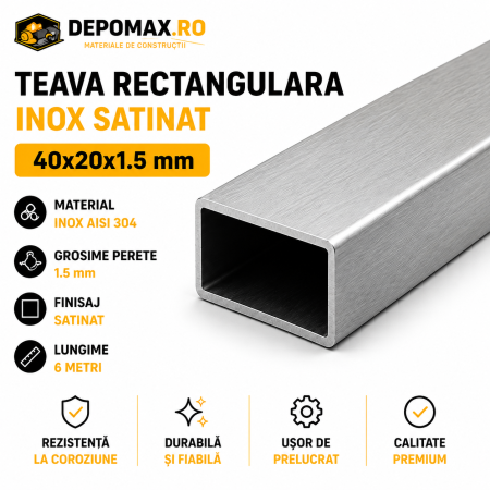 Teava rectangulara inox satinata AISI 304, 40 x 20 x 1.5 mm, 6 metri